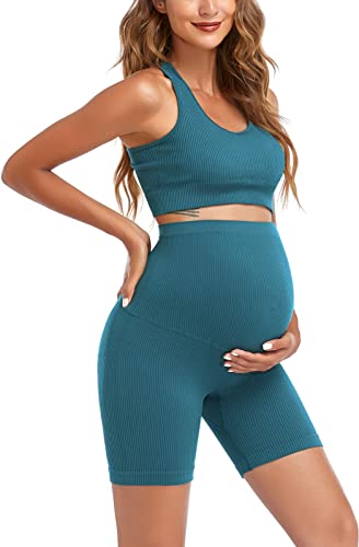 2-teiliges Umstands-Outfit-Set für Damen, BH und Shorts für die Schwangerschaft, Yoga, Workout, Loungewear-Sets, Grün , L 2-teiliges Umstands-Outfit-Set für Damen, BH und Shorts für die Schwangerschaft, Yoga, Workout, Loungewear-Sets, Grün , L von Lataly