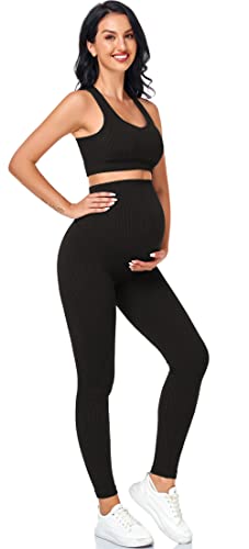 Damen Schwangerschafts-BH und gerippte lange Hose, 2-teilig, nahtlos, integrierter Schwangerschafts-BH und gerippte lange Hose, Black, Large von Lataly