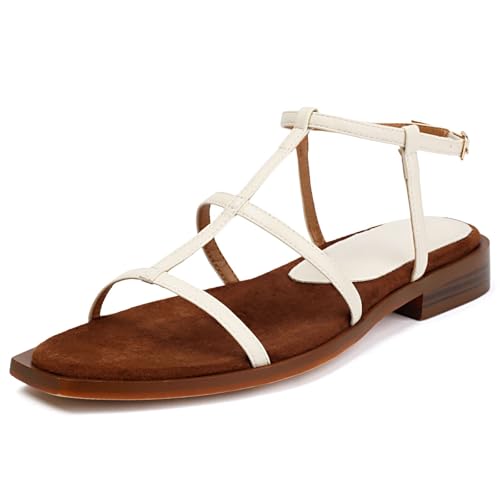 Latasa Damen Bequeme Low Heel Sommer Open Toe Riemchen Flach Gladiator Sandalen, Beige, 37.5 EU Latasa Damen Bequeme Low Heel Sommer Open Toe Riemchen Flach Gladiator Sandalen, Beige, 37.5 EU von Latasa