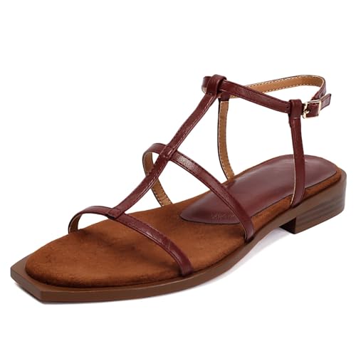 Latasa Damen Bequeme Low Heel Sommer Open Toe Riemchen Flach Gladiator Sandalen, Burgunder, 37 EU von Latasa