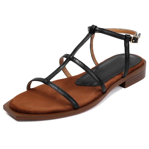Latasa Damen Bequeme Low Heel Sommer Open Toe Riemchen Flach Gladiator Sandalen, Schwarz, 39.5 EU von Latasa