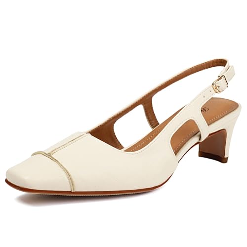 Latasa Damen Slingback Low Block Heels Square Toe Büro Arbeit Pumps Bequeme Kleid Schuhe, Beige, 41 EU von Latasa