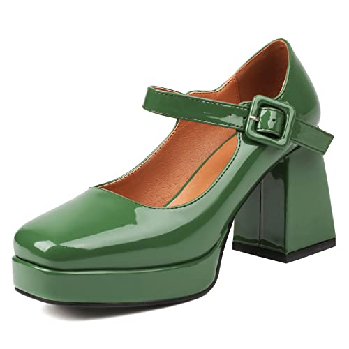 Latasa Mary Janes Damen-Pumps mit Plateauabsatz, quadratischer Zehenbereich, Blockabsatz, Grün, 36 EU von Latasa