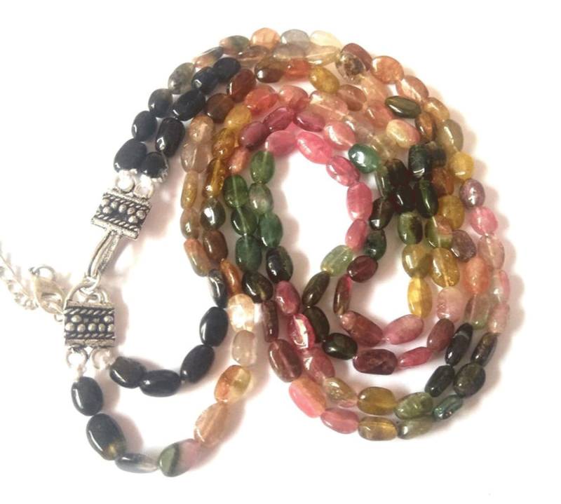 Wassermelone Turmalin Halskette Multicolor 2 Strand Regenbogen Glatt Oval Schmuck von LatestBeadsJewellery