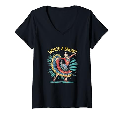 Damen Vamos a Bailar Lebendiges Tanzdesign T-Shirt mit V-Ausschnitt Damen Vamos a Bailar Lebendiges Tanzdesign T-Shirt mit V-Ausschnitt von Latin Dance Passion Apparel