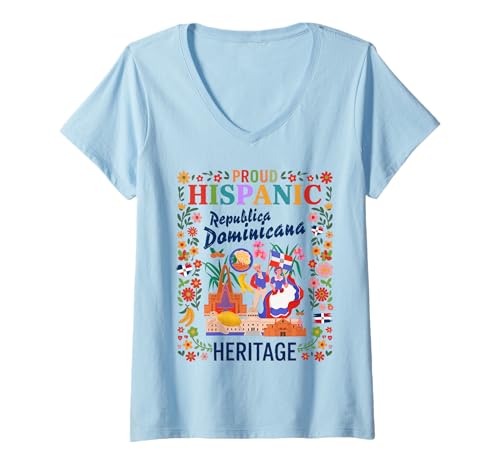 Damen Dominikanische hispanische Erbe Monatsflagge Frauen Idee Dominicano T-Shirt mit V-Ausschnitt Damen Dominikanische hispanische Erbe Monatsflagge Frauen Idee Dominicano T-Shirt mit V-Ausschnitt von Latin Hispanic Heritage Kids Idea For Boys & Girls