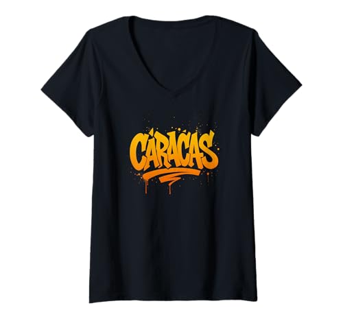 Damen Caracas Graffiti Typografie Bold Urban Style T-Shirt mit V-Ausschnitt Damen Caracas Graffiti Typografie Bold Urban Style T-Shirt mit V-Ausschnitt von Latin Streetwear Co.