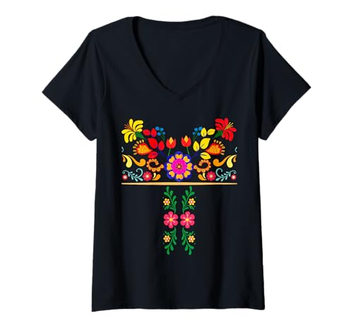Damen Festliches mexikanisches Fiesta-Blumen-Kostüm T-Shirt mit V-Ausschnitt Damen Festliches mexikanisches Fiesta-Blumen-Kostüm T-Shirt mit V-Ausschnitt von Latina Hispanic Mexican Culture Spanish Bilingual
