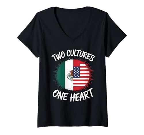 Damen Zwei Kulturen, EIN Herz, Flagge der USA, Mexiko, Unity Art, Damen und Herren T-Shirt mit V-Ausschnitt von Latino American Love Bicultural Heritage Family