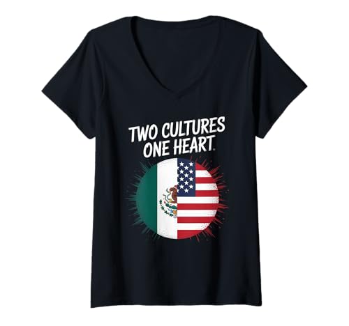 Damen Zwei Kulturen, EIN Herz, Flagge der USA, Mexiko, Unity Art, Damen und Herren T-Shirt mit V-Ausschnitt Damen Zwei Kulturen, EIN Herz, Flagge der USA, Mexiko, Unity Art, Damen und Herren T-Shirt mit V-Ausschnitt von Latino American Love Bicultural Heritage Family