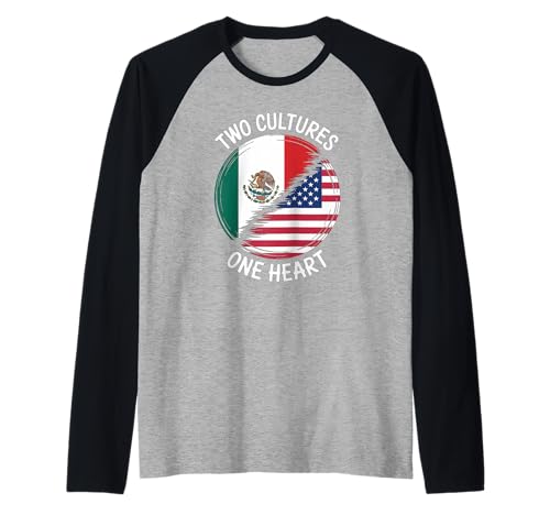 Zwei Kulturen, EIN Herz, Flagge der USA, Mexiko, Unity Art, Damen und Herren Raglan von Latino American Love Bicultural Heritage Family