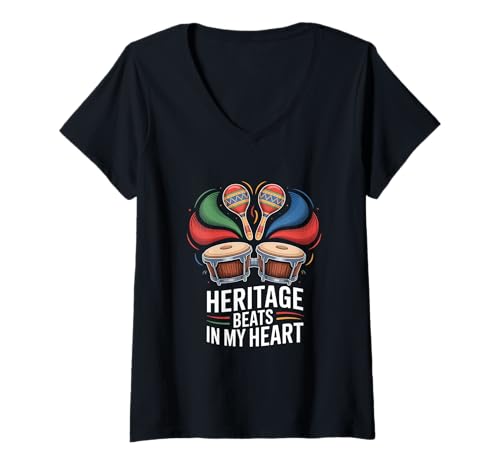 Damen Heritage Beats In My Heart Bongo Maracas Rhythmus T-Shirt mit V-Ausschnitt Damen Heritage Beats In My Heart Bongo Maracas Rhythmus T-Shirt mit V-Ausschnitt von Latino Kultur Hispanisches Erbe Wurzeln Familie