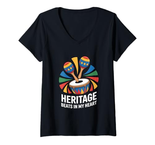 Damen Heritage Beats In My Heart Trommel Rhythmus Kultur T-Shirt mit V-Ausschnitt Damen Heritage Beats In My Heart Trommel Rhythmus Kultur T-Shirt mit V-Ausschnitt von Latino Kultur Hispanisches Erbe Wurzeln Familie