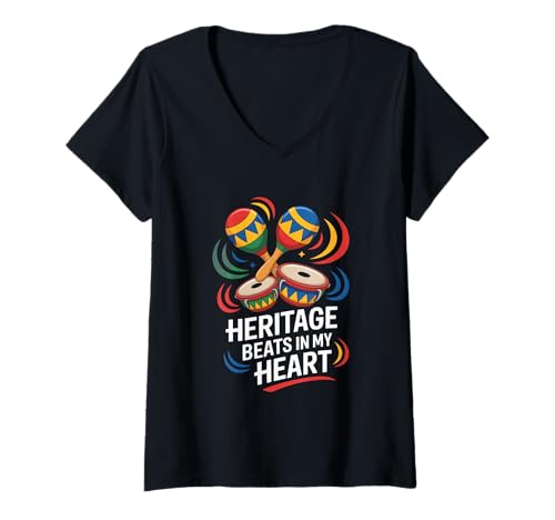 Damen Lateinamerikanische Rhythmen Heritage Beats In My Heart T-Shirt mit V-Ausschnitt Damen Lateinamerikanische Rhythmen Heritage Beats In My Heart T-Shirt mit V-Ausschnitt von Latino Kultur Hispanisches Erbe Wurzeln Familie