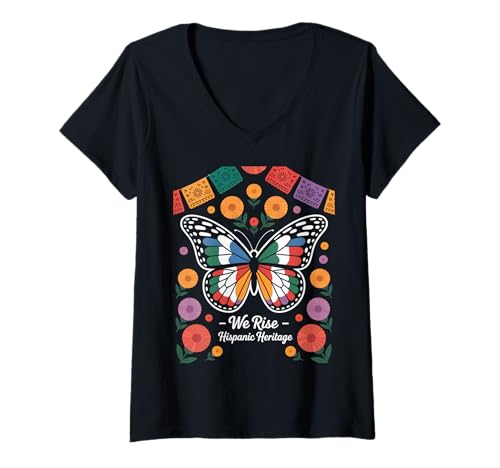 Damen We Rise Hispanic Heritage Monarch Schmetterling T-Shirt mit V-Ausschnitt Damen We Rise Hispanic Heritage Monarch Schmetterling T-Shirt mit V-Ausschnitt von Latino Kultur Hispanisches Erbe Wurzeln Familie