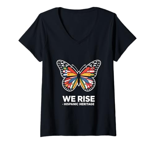 Damen We Rise Hispanic Heritage Schmetterling Flaggen T-Shirt mit V-Ausschnitt Damen We Rise Hispanic Heritage Schmetterling Flaggen T-Shirt mit V-Ausschnitt von Latino Kultur Hispanisches Erbe Wurzeln Familie