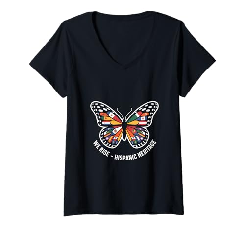 Damen We Rise Hispanic Heritage Schmetterling Flaggen T-Shirt mit V-Ausschnitt Damen We Rise Hispanic Heritage Schmetterling Flaggen T-Shirt mit V-Ausschnitt von Latino Kultur Hispanisches Erbe Wurzeln Familie