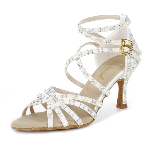 Latinsoul 205-31A Damen Kristall-Strass Riemchensandaletten Hohe Absätze Latein Tanzschuhe Elegante Peeptoe Schuhe mit Schnallen Ballroom Tanzschuhe Farbe Elfenbein,Größe 38 EU von Latinsoul