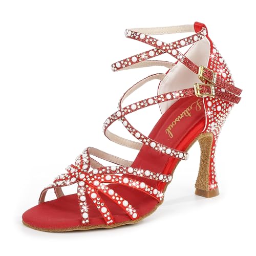 Latinsoul 205-31A Damen Kristall-Strass Riemchensandaletten Hohe Absätze Latein Tanzschuhe Elegante Peeptoe Schuhe mit Schnallen Ballroom Tanzschuhe Farbe Rot,Größe 35 EU von Latinsoul