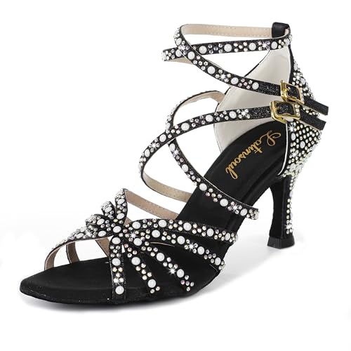 Latinsoul 205-31A Damen Kristall-Strass Riemchensandaletten Hohe Absätze Latein Tanzschuhe Elegante Peeptoe Schuhe mit Schnallen Ballroom Tanzschuhe Farbe Schwarz,Größe 37 EU von Latinsoul
