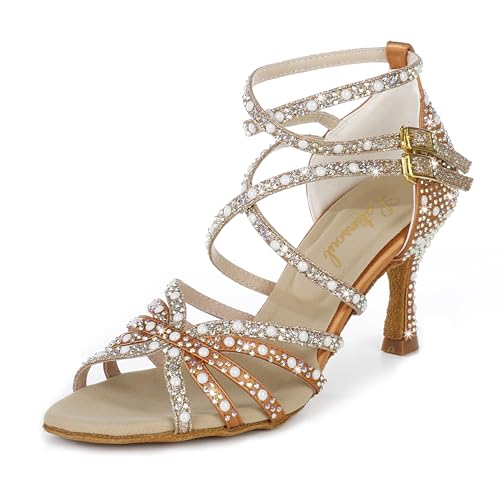Latinsoul 205-31A Damen Kristall-Strass Riemchensandaletten Hohe Absätze Latein Tanzschuhe Elegante Peeptoe Schuhe mit Schnallen Ballroom Tanzschuhe Farbe Tan,Größe 41 EU von Latinsoul