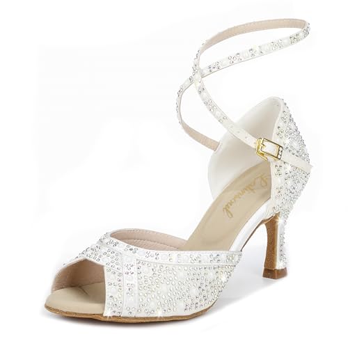 Latinsoul Y205-30 Damen Elegante Latein Tanzschuhe mit Kristallverzierung Bequeme Tanzsandalen mit verstellbarem Knöchelriemen für den Ballsaal Farbe Elfenbein,Größe 35 EU von Latinsoul