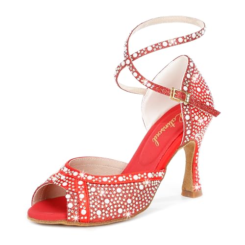 Latinsoul Y205-30 Damen Elegante Latein Tanzschuhe mit Kristallverzierung Bequeme Tanzsandalen mit verstellbarem Knöchelriemen für den Ballsaal Farbe Rot,Größe 36 EU von Latinsoul