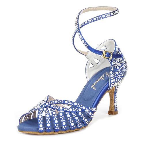 Latinsoul Y205-33 Damen Latein Tanzschuhe mit Strasssteinen High Heels Stylisch und bequem Verstellbarer Knöchelriemen Tanzsandalen für Gesellschaftstanz Salsa Farbe Blau,Größe 37 EU von Latinsoul