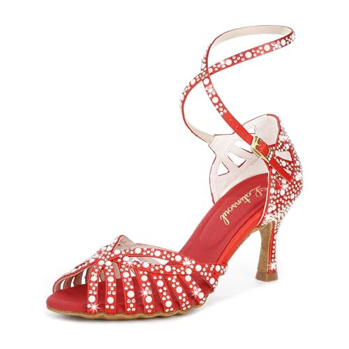 Latinsoul Y205-33 Damen Latein Tanzschuhe mit Strasssteinen High Heels Stylisch und bequem Verstellbarer Knöchelriemen Tanzsandalen für Gesellschaftstanz Salsa Farbe Rot,Größe 35 EU von Latinsoul