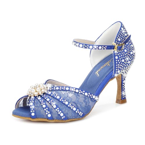 Latinsoul Y205-35 Damen Latein Tanzschuhe mit Kristall Strass Spitze Hoher Absatz Verstellbarer Knöchelriemen Stylisch und bequem Farbe Blau,Größe 38 EU von Latinsoul