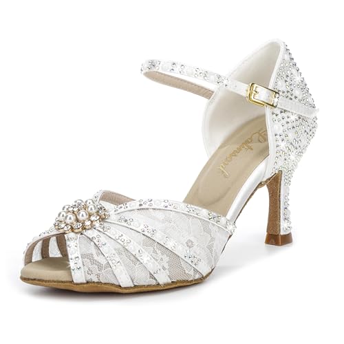 Latinsoul Y205-35 Damen Latein Tanzschuhe mit Kristall Strass Spitze Hoher Absatz Verstellbarer Knöchelriemen Stylisch und bequem Farbe Elfenbein,Größe 38 EU von Latinsoul