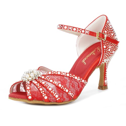 Latinsoul Y205-35 Damen Latein Tanzschuhe mit Kristall Strass Spitze Hoher Absatz Verstellbarer Knöchelriemen Stylisch und bequem Farbe Rot,Größe 41 EU von Latinsoul