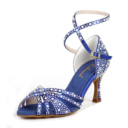 Latinsoul Y205-36 Damen Latein Tanzschuhe mit Kristall Strass Hoher Absatz Stylisches verstellbares Riemendesign Bequeme Tanzschuhe Farbe Blau,Größe 39 EU von Latinsoul