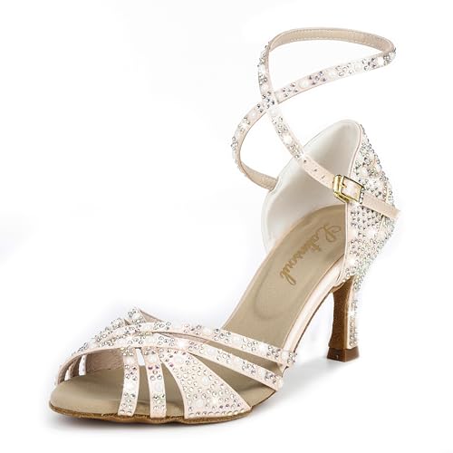 Latinsoul Y205-36 Damen Latein Tanzschuhe mit Kristall Strass Hoher Absatz Stylisches verstellbares Riemendesign Bequeme Tanzschuhe Farbe Champagner,Größe 42 EU von Latinsoul