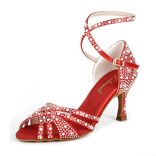 Latinsoul Y205-36 Damen Latein Tanzschuhe mit Kristall Strass Hoher Absatz Stylisches verstellbares Riemendesign Bequeme Tanzschuhe Farbe Rot,Größe 42 EU von Latinsoul