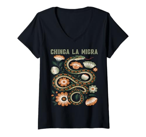 Damen Chinga La Migra Immigration, Blumenmuster mit Schlangenmotiv T-Shirt mit V-Ausschnitt von Latinx Protest Bold Floral Statement