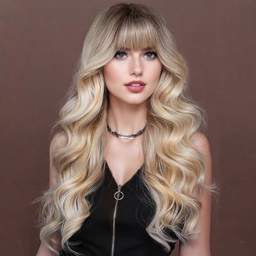 Lativ Ombré-Perücke mit Bangs, lang, gewellt, gelockt, blond, mit dunklen Wurzeln, hitzebeständig, synthetische Perücken für Frauen, täglicher Gebrauch, 66 cm von Lativ