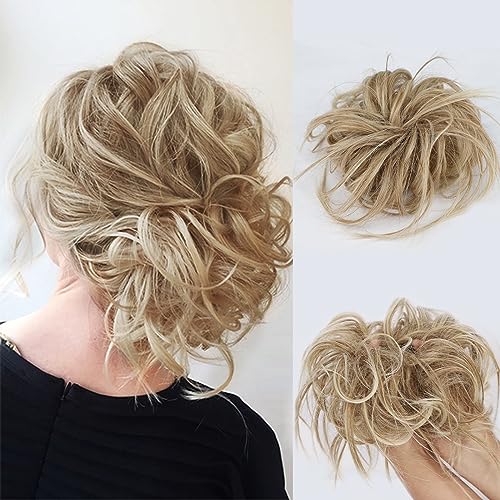 Unordentlicher Haarknoten, zerzauste Hochsteckfrisur, Haargummi, Verlängerung mit elastischem Gummiband, unordentliches Haar-Accessoire, Haarteile für Damen und Mädchen (Erdbeer-Bleichblond) von Lativ