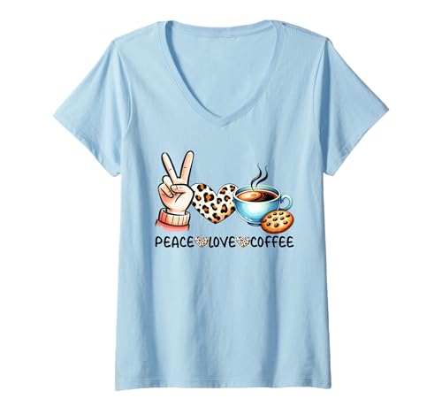 Damen Peace, Love, Coffee, Fun Coffeinated Vibes T-Shirt mit V-Ausschnitt Damen Peace, Love, Coffee, Fun Coffeinated Vibes T-Shirt mit V-Ausschnitt von Latte Laughs