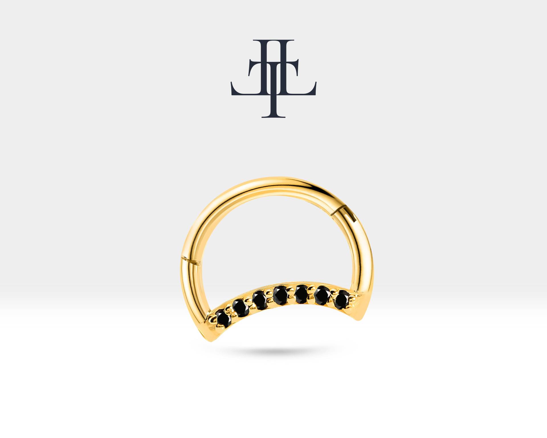 14K Solid Gelb Gold Mond Design Hoop Clicker Piercing-Black Diamond Helix-Einzelner Ohrring-16G | 1.2 Mm Clicker-10Mm Außendurchmesser | Lc00045B von Latualucejewelry