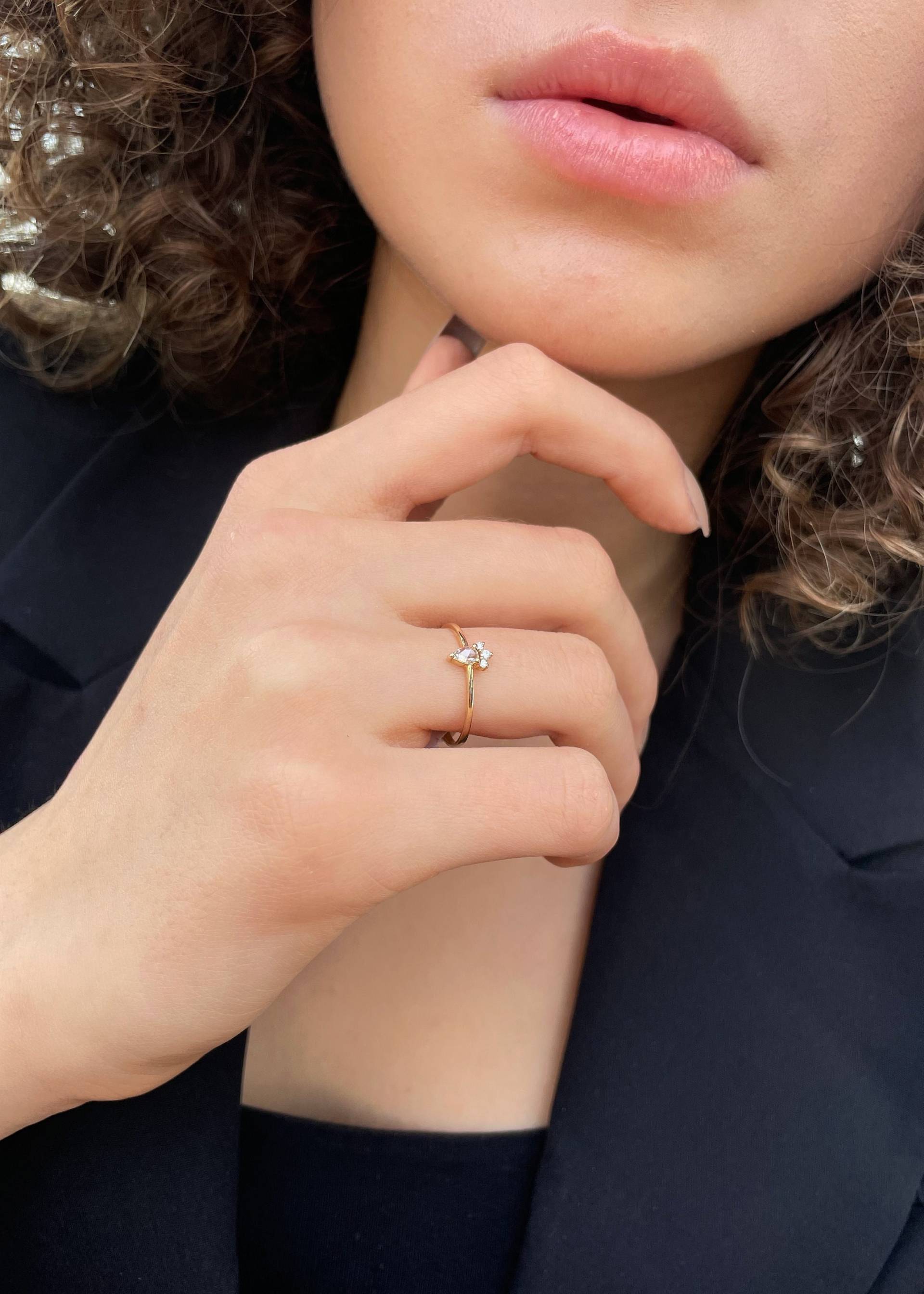 Katzenpfotenabdruck Ring, Haustier Liebhaber Geschenk, Birnenschliff Diamant Ring in 14K Gelb Weiße Rose Massiv Gold, Minimaler Für Sie von Latualucejewelry