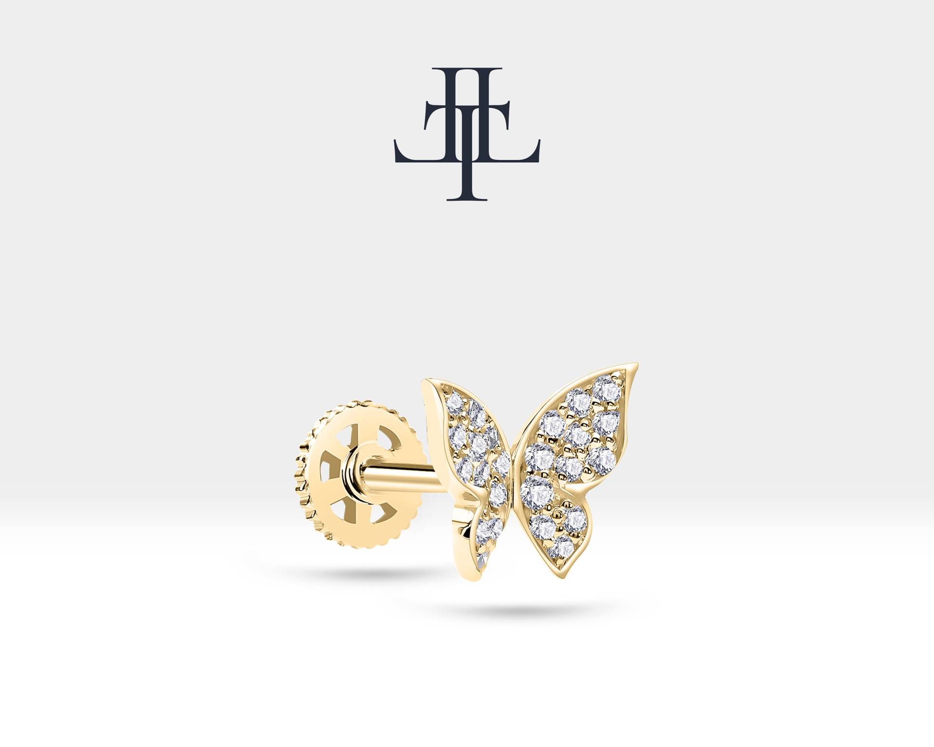 Knorpel Tragus Piercing, Schmetterling Design Rundschnitt Diamant 14K Weiß Gelb Rose Massivgold, 8mm Stablänge, 16G | 1, 2mm, Lp00006D von Latualucejewelry