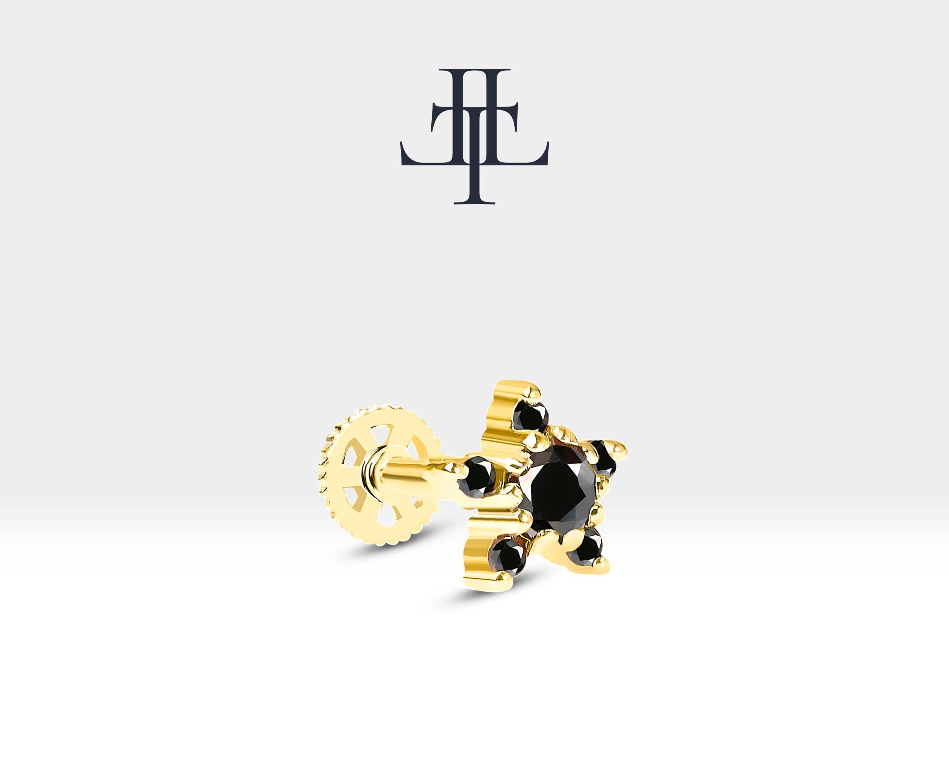 Knorpelpiercing Mit Schwarzem Diamant, Flache Rückseite Aus 14K Weiss-Gelb-Rose Massiv Gold, 16G(1.2mm, Stablänge 8mm | Lp00029B von Latualucejewelry