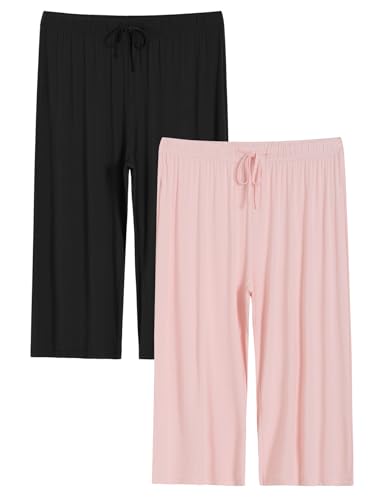 Latuza Capri-Pyjamahose für Damen, Übergröße, bequem, weites Bein, Lounge-Caprihose, Schwarz und Rosa (2er-Pack), X-Large Plus von Latuza