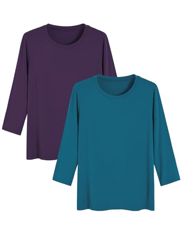 Latuza Damen Bambus Viskose 3/4 Arm Top Slim Fit Rundhals Shirt 2er Pack, Aubergine / Blaugrün, X-Groß von Latuza