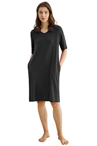 Latuza Damen Bambus Viskose Nachthemd V-Ausschnitt Sleepshirt mit Taschen, Schwarz, XL von Latuza