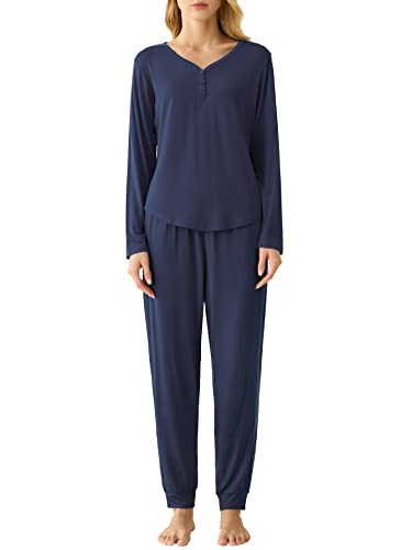 Latuza Damen Bambus Viskose Pyjama Set 2-teilig Nachtwäsche, Marineblau, XL von Latuza