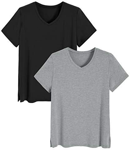 Latuza Damen Bambus Viskose Schlaf T-Shirt V-Ausschnitt Pyjama Top, Schwarz und Hellgrau, L von Latuza