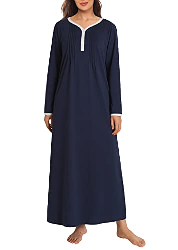 Latuza Damen Langarm Nachthemd Baumwolle Schlafkleid, Marineblau, Large von Latuza