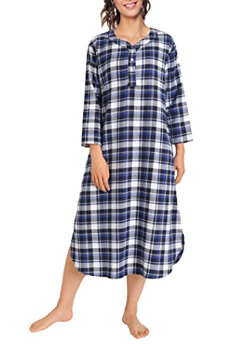 Latuza Damen Plaid Flanell Nachthemd Warm Baumwolle Midi Nachthemd, Blau, XXL Große Größen von Latuza